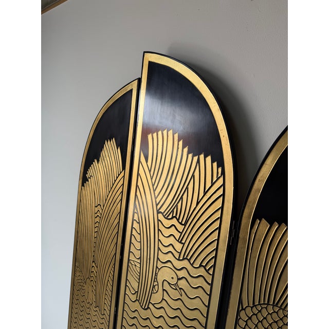 1980s Vintage Art Deco Asian-Style Four-Panel Folding Screen - Room Divider For Sale - Image 5 of 12