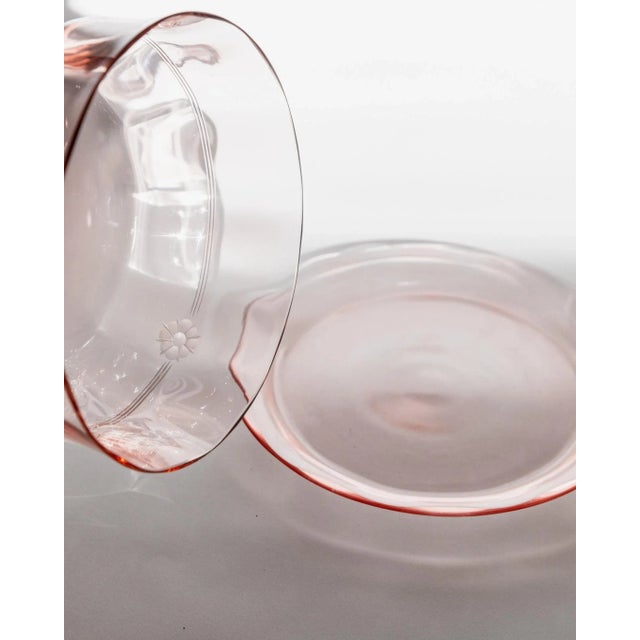 Green Vintage Glass Cloche Dish with Plate in Pink and Green Glass with Engraved Floral Decor, Italy, 1930s For Sale - Image 8 of 11
