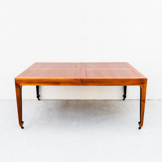 1970s Restored Michael Taylor for Baker Walnut & Black Lacquer Extension Dining Table For Sale - Image 11 of 18