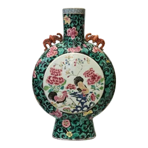 Vintage Chinese Dark Green Graphic Flat Round Flask Porcelain Vase