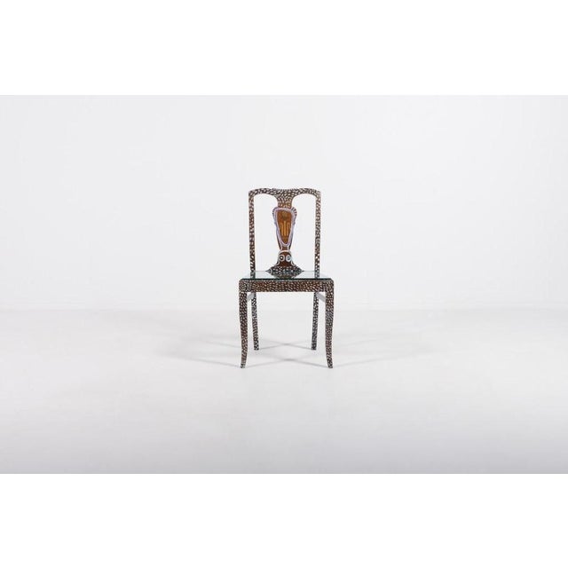 Unique art sculpture in the form of an old painted chair with clear glass seat, engraved. Art piece from Swedish glass...