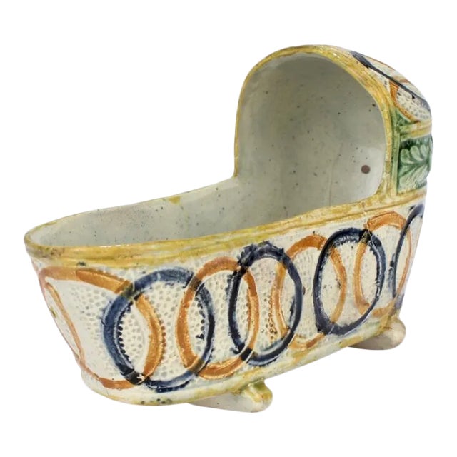 Antique English Figural Staffordshire or Prattware Pottery Cradle For Sale