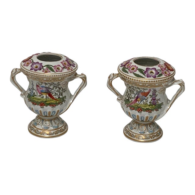 Antique Pair Edmé Samson Paris Chelsea-Style Porcelain Bird Potpourri Urns C. 1885-1920 For Sale