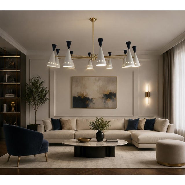 Metal Vintage Black and White Double Cone Chandelier, 1970s For Sale - Image 7 of 8