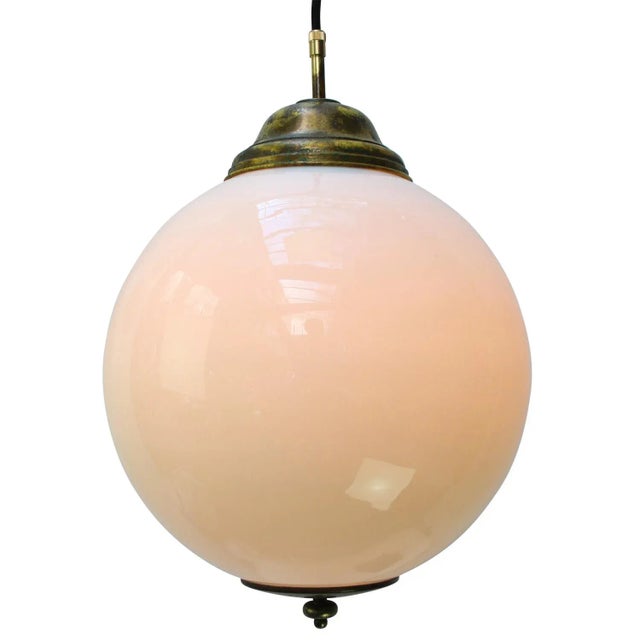 Vintage Pendant Lamp in White Opaline Glass and Brass For Sale - Image 4 of 7