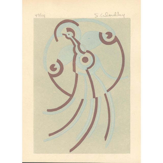 Signed limited-edition modernist print by S. Alandlay, numbered 42/48 in pencil. A highly stylized bird is constructed...