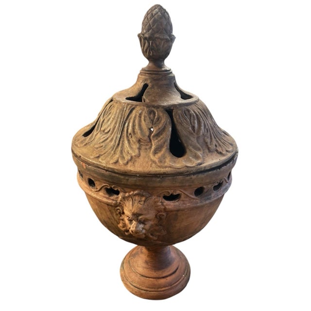 Pair of Vintage Italian Terracotta Citrus House / Greenhouse Warming Lanterns With Finials & Lion Mascarons For Sale - Image 4 of 12
