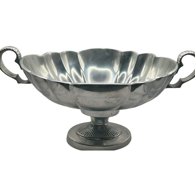 Early 20th Century Vintage Pewter Pedestal Centerpiece Bowl With Scalloped Rim and Scrolled Handles For Sale - Image 5 of 10