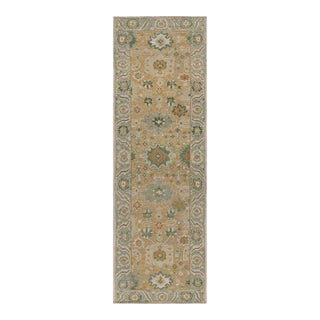 Rug & Kilim’s Oushak Style Runner Rug in Beige-Brown and Green Floral Patterns For Sale