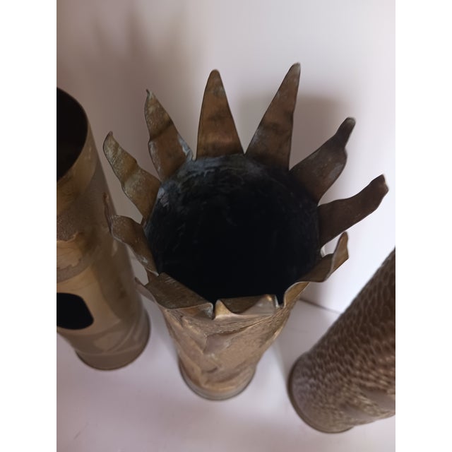 Metal Antique French Ww1 Trench Art Vases Brass Set of 3 All Different For Sale - Image 7 of 12