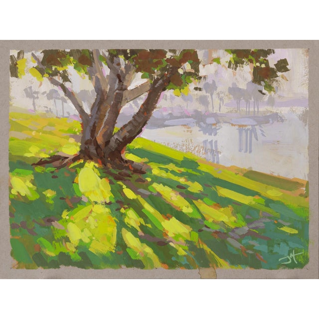 Shoreline Shade by Judd Mercer | Gouache On Paper Tree casting shadows on a grassy shoreline. For Sale