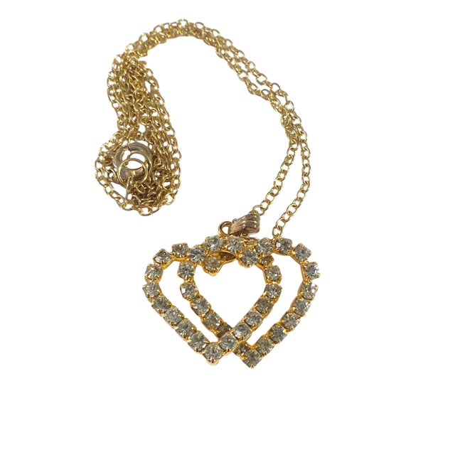 Gold Tone and Rhinestone Interlocked Hanging Hearts Pendant Jewels by Rio For Sale - Image 4 of 8