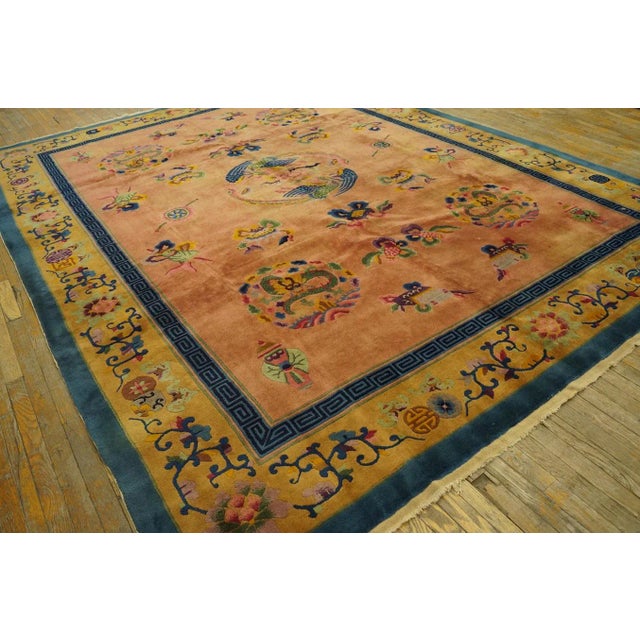 Art Deco 1920s Orange Dragon Medallion Antique Chinese Art Deco Carpet 8'10'' X 11'5'' Knotted Wool Rug For Sale - Image 3 of 12
