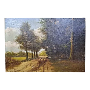 19th Century Oil on Canvas Shepherd With Flock of Sheep
