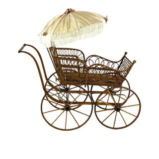 Museum-Quality 19th C. Victorian Wicker Carriage – Ornate Scrollwork & Original Parasol For Sale