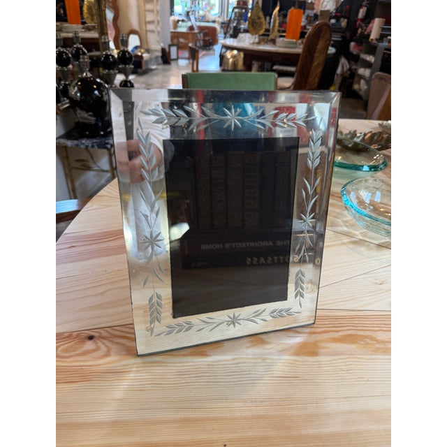 Vintage Italian Hand-Etched Glass Picture Frame With Floral Motif, 1970s For Sale - Image 4 of 6