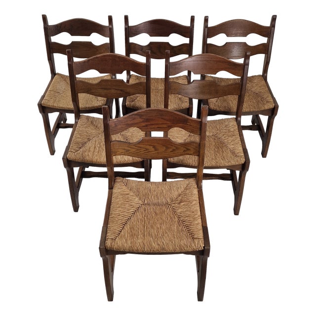 Mid-Century Brutalist Oak Razor Blade Dining Chairs, France, 1960s, Set of 6 For Sale