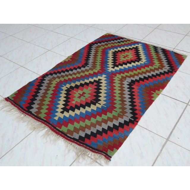 1960s Turkish Blue Wool Diamond Kilim Rug 2'11" X 4'2" 45.3'' x 50'' / 88 x 127 cm Hand woven with high quality pure wool...