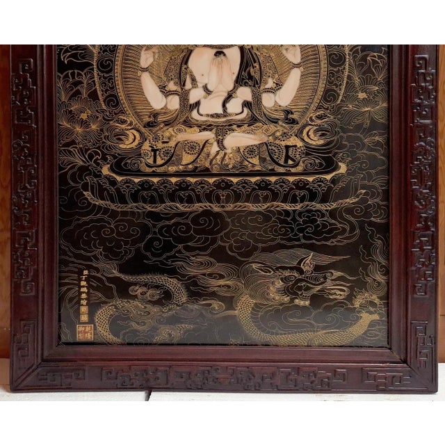 Chinese Framed Porcelain Buddhist Temple Plaque Bodhisattva Chenrezig For Sale - Image 4 of 5