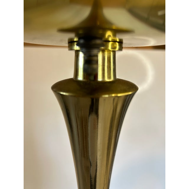 1950s Vintage 1950s Brass Torchiere Floor Lamp With Wood Stem and Tulip Shade For Sale - Image 5 of 10