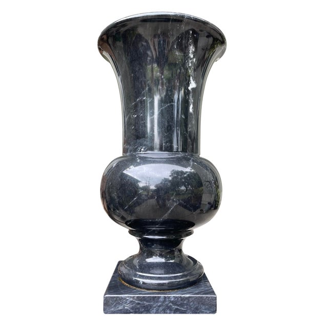 Contemporary Vintage Large Sculptural Black Marble Urn Vase on Plinth Base | 17.5” For Sale - Image 3 of 9
