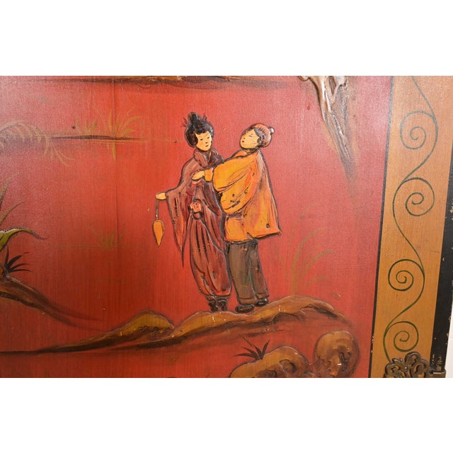 Hollywood Regency Chinoiserie Red Lacquered Hand Painted Bookcase or Bar Cabinet, Circa 1920s For Sale - Image 11 of 17