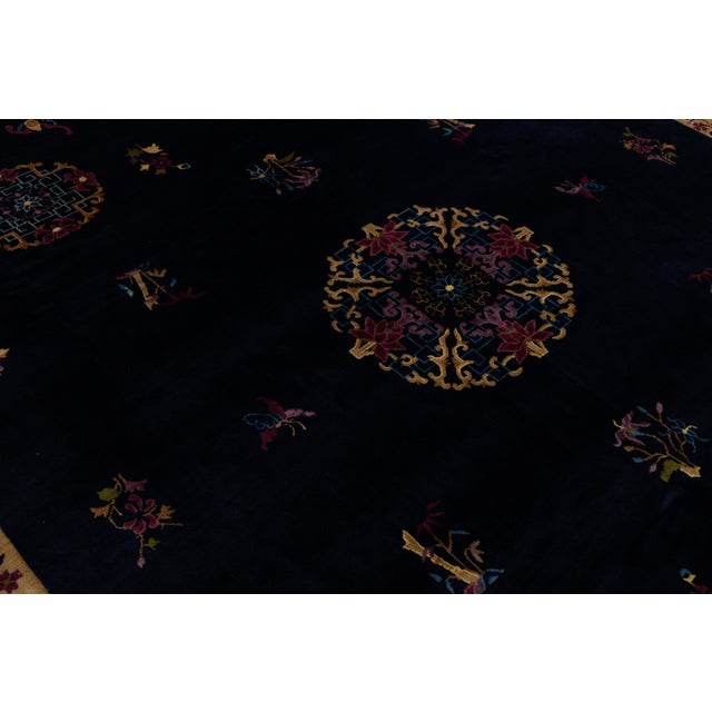 Antique Art Deco Chinese Wool Rug With Indigo Field and Lotus Medallions 9x11 For Sale - Image 10 of 12