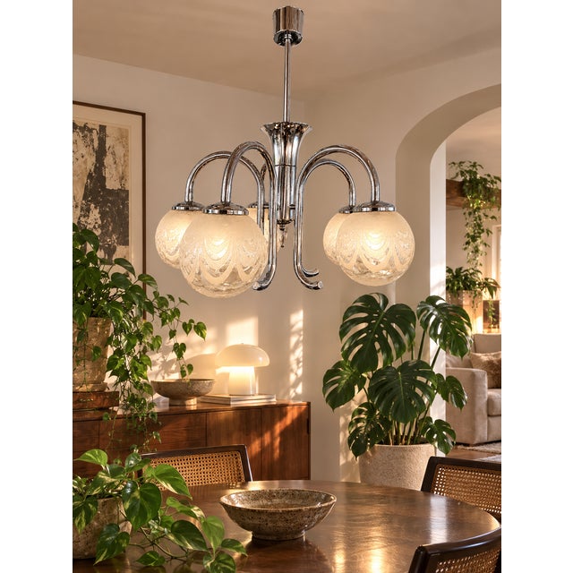 Metal Art Deco Five-Light Chrome Chandelier with Etched Glass Globes, 1940s For Sale - Image 7 of 8