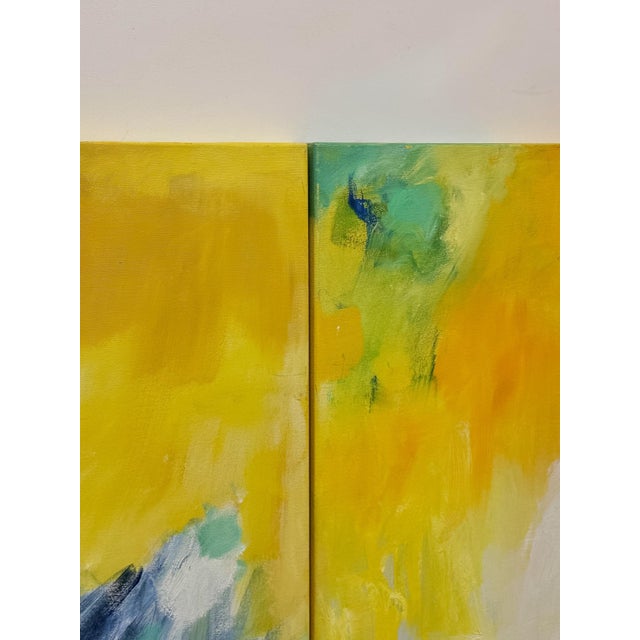 Set of 3 Modern Abstract Paintings Yellow Green Blue Wall Art Acrylic on Canvas For Sale - Image 15 of 16