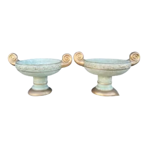 Vintage Plaster Pale Mint Green Gold Greecian Oval Decorative Urn Vases- a Pair