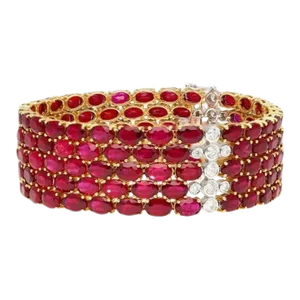 72.51 Carat Natural Oval Cut Ruby 5-Row Multi Link Tennis Bracelet in 18k Gold