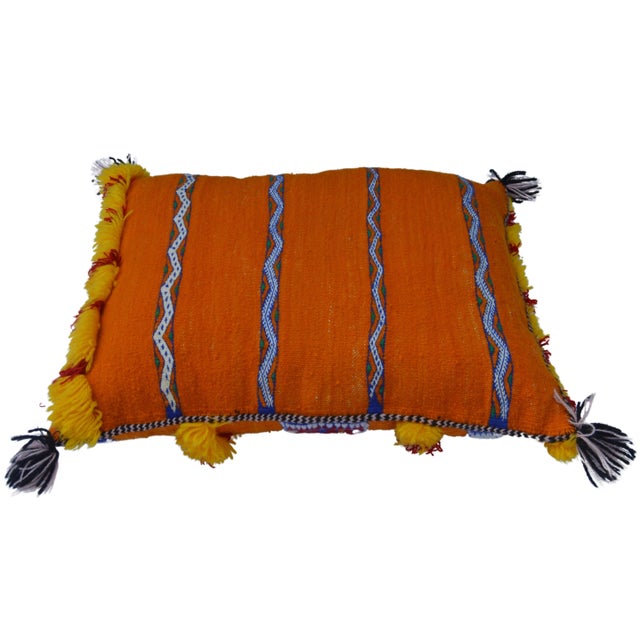 Orange Vintage Moroccan Orange & Blue Stripes Wool Pillow For Sale - Image 8 of 10