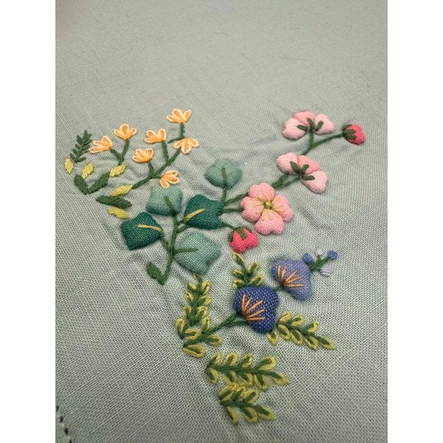 Vintage Aqua Linen Guest Towel with Padded Satin Stitch Floral Embroidery, Single Turquoise Fingertip Towel, Art Deco Era Linen For Sale - Image 9 of 9