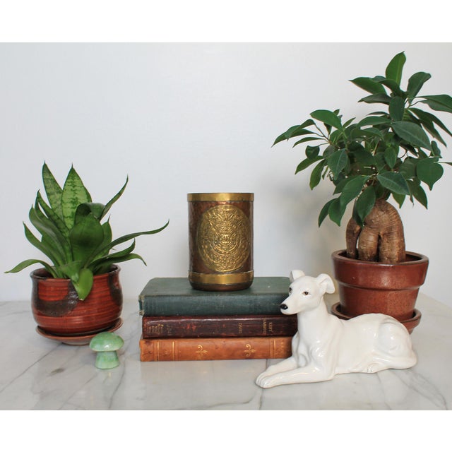 Vintage Mexican art hammered copper & brass Mayan / Aztec calendar mug. No makers mark. Patina.