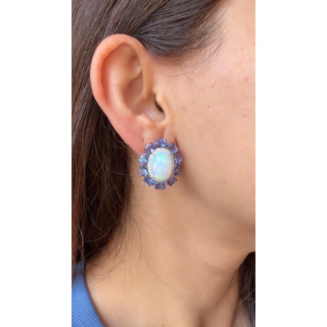Set in 18k White Gold, Ethiopian Opal, Tanzanite & Diamonds Modern Stud Earrings, Pair For Sale - Image 10 of 11