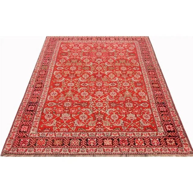 ACTUAL SIZE: 4’3″ x 6’7″ PRIMARY COLOR: Tangerine / Brown AGE: Old ORIGIN: Russia MATERIALS: Wool FOUNDATION: Cotton...