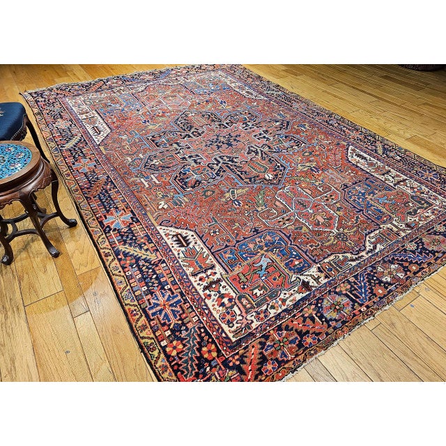 Persian Antique Persian Heriz Karajah Rug, Hand-Knotted Wool, Geometric Medallion Pattern, Brick-Red & Navy, 9x12 For Sale - Image 3 of 17