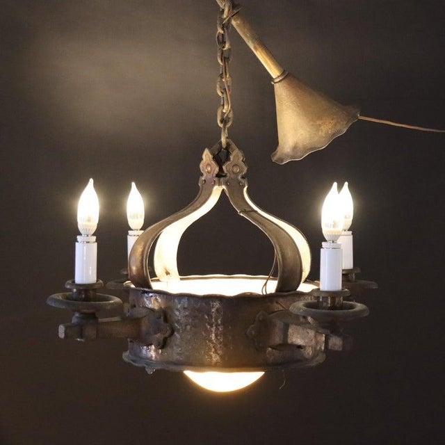 Metal Antique Arts & Crafts Hammered Metal 4 Light Chandelier C1920 For Sale - Image 7 of 9