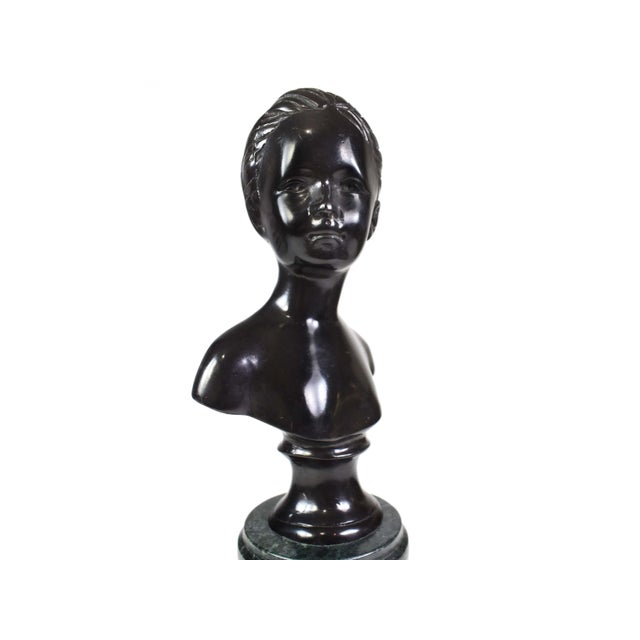 Vintage Neoclassical Bronze Boy and Girl Bust on Marble Base Figurines- A Pair For Sale - Image 15 of 15