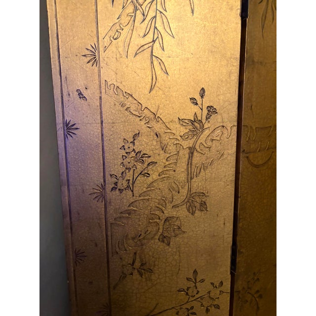 Chinoiserie Antique Asian Four Panel Lacquered Screen With Gold Leaf and Brass Hinges For Sale - Image 3 of 8
