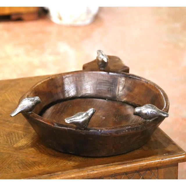 Brown Vintage Jan Barboglio Hand-Carved Wood Bowl With Cast Iron Birds For Sale - Image 8 of 8