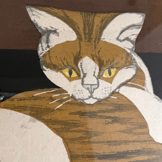 Mid-Century Jun’ichirō Sekino Signed Japanese Woodblock Print of a Reclining Cat, Framed For Sale - Image 9 of 9