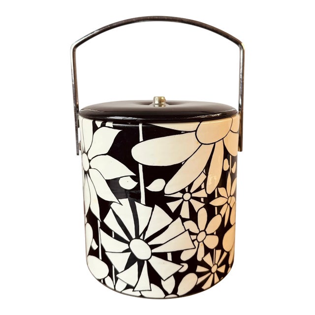 Mod Flower Pattern Black and White Ice Bucket For Sale