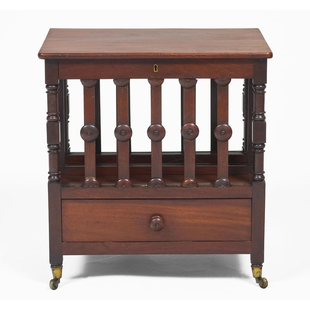 Very unusual Regency mahogany canterbury, the hinged top opens to reveal three divided sections, turned corner columns,...