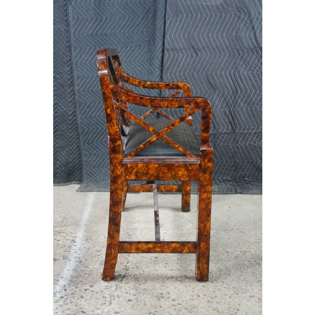 Vintage Chinese Chippendale Faux Tortoise Shell Pierced Trellis Bench Arm Chair For Sale - Image 15 of 18