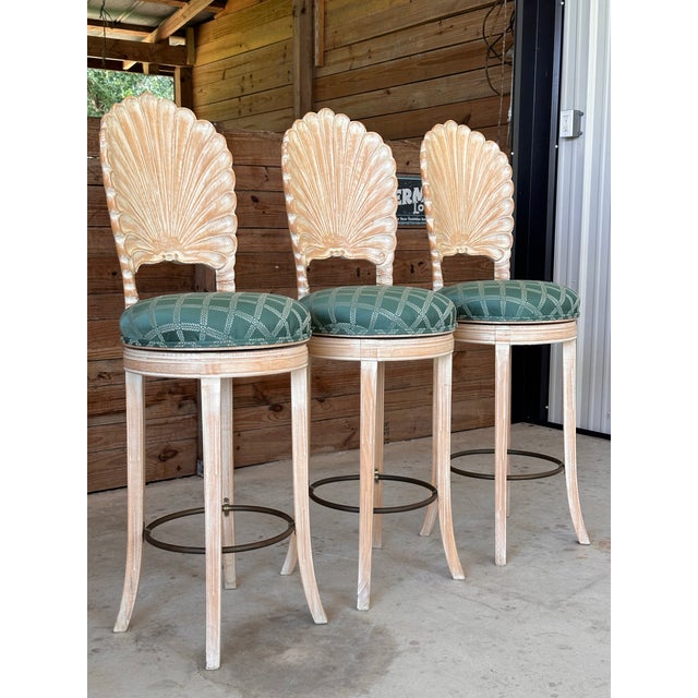 Traditional Vintage Coastal Regency Cerused Carved Shell Scalloped Back Barstool’s-Set of Three For Sale - Image 3 of 12