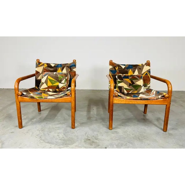Vintage pair of Danish Modern sling chairs having bentwood beech frames with top of world class cut and loop velvet linen...
