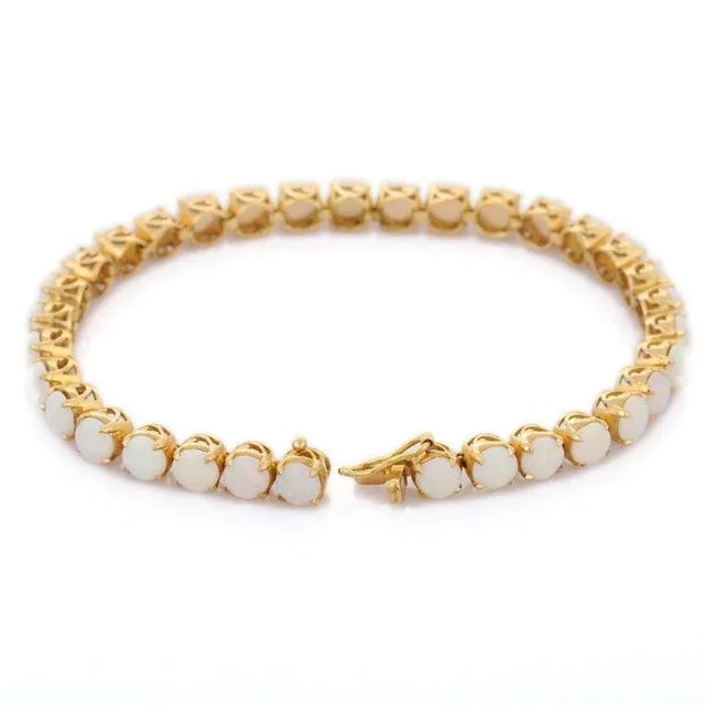 18 Karat Solid Yellow Gold 5mm Round Cut White Opal Tennis Bracelet For Sale - Image 4 of 5
