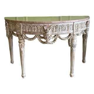 Early 20th Century Neoclassical Carved Demi-Lune With Marble Top - Louis XVI Style For Sale