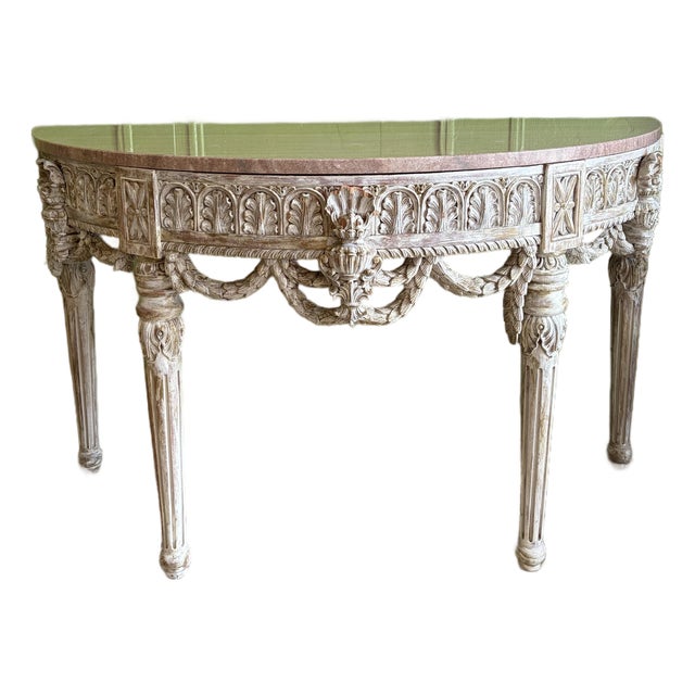 Early 20th Century Neoclassical Carved Demi-Lune With Marble Top - Louis XVI Style For Sale